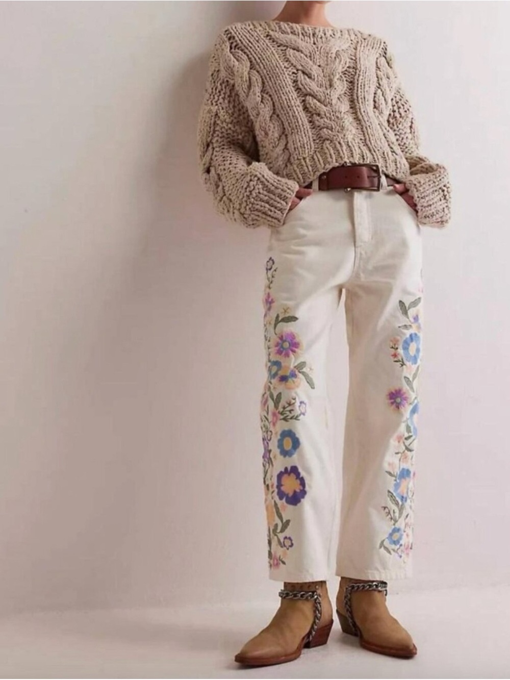Free People We The Free Willow Floral Embroidery Jeans Cream 27